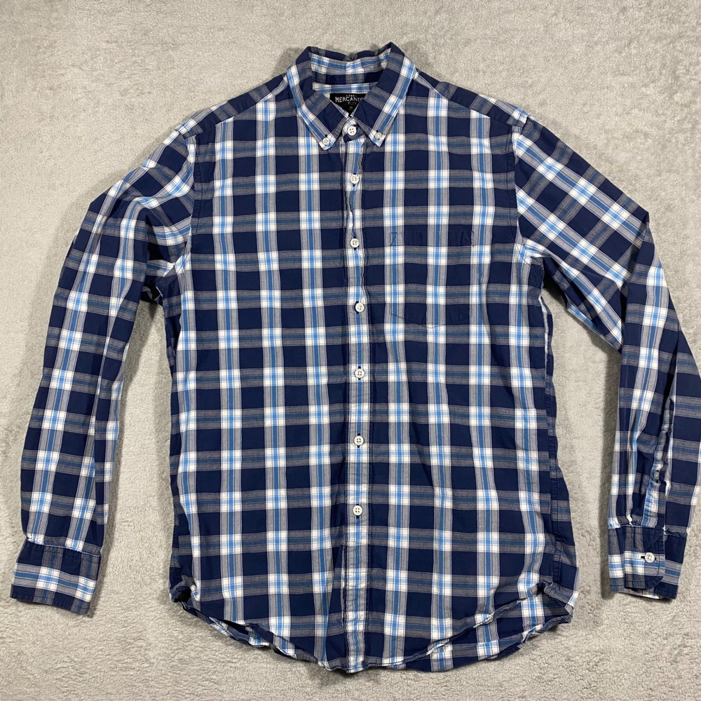 J.Crew Mercantile Button Down Shirt Mens Medium Blue‎ Plaid Flex Cotton Stretch
